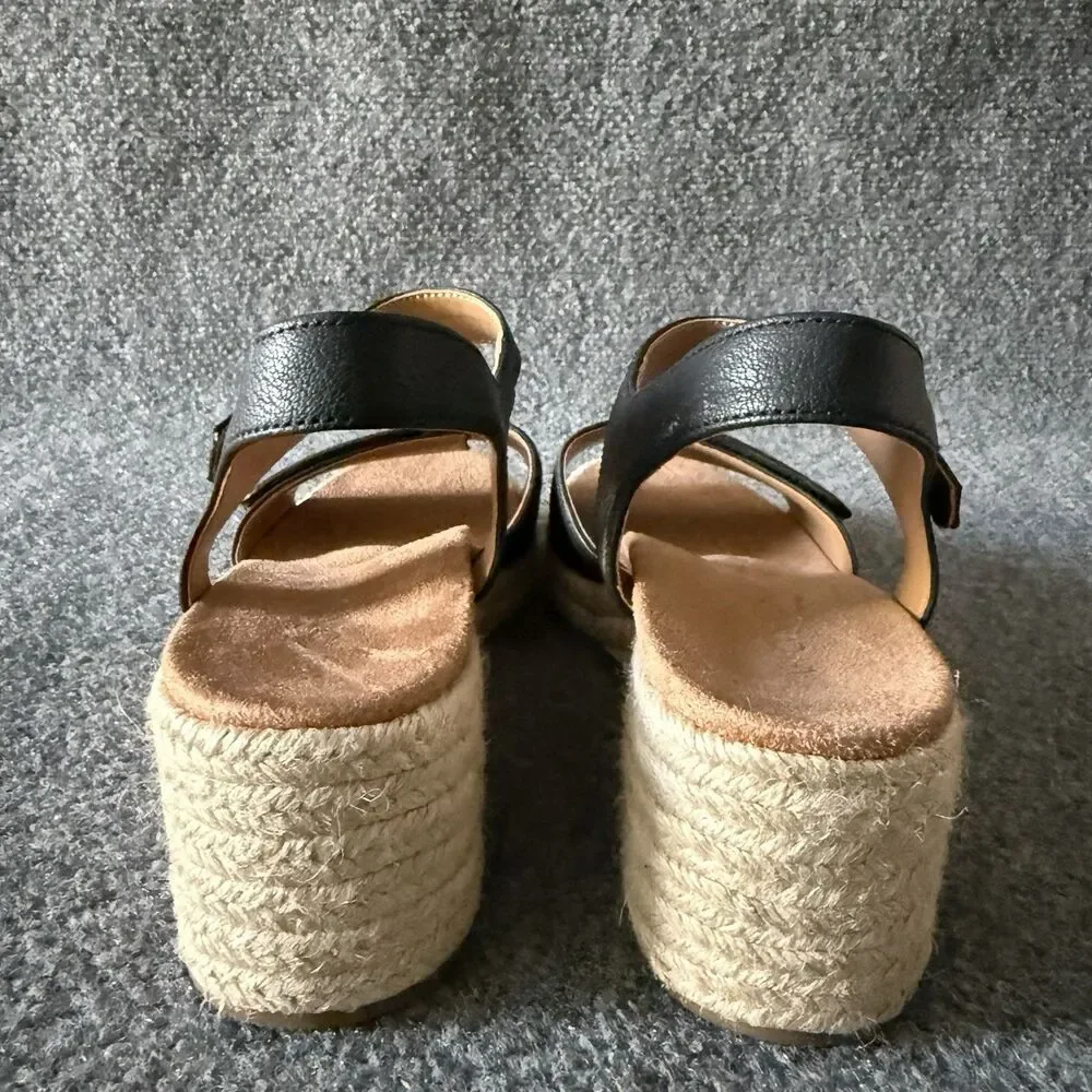 Vionic Sable Black Leather Espadrille Wedge Sandals Womens Size 9 Boho Comfort